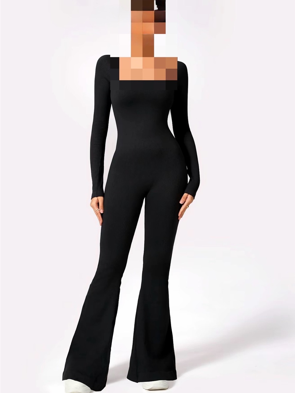 Black Long-Sleeve Square-Neck Jumpsuit